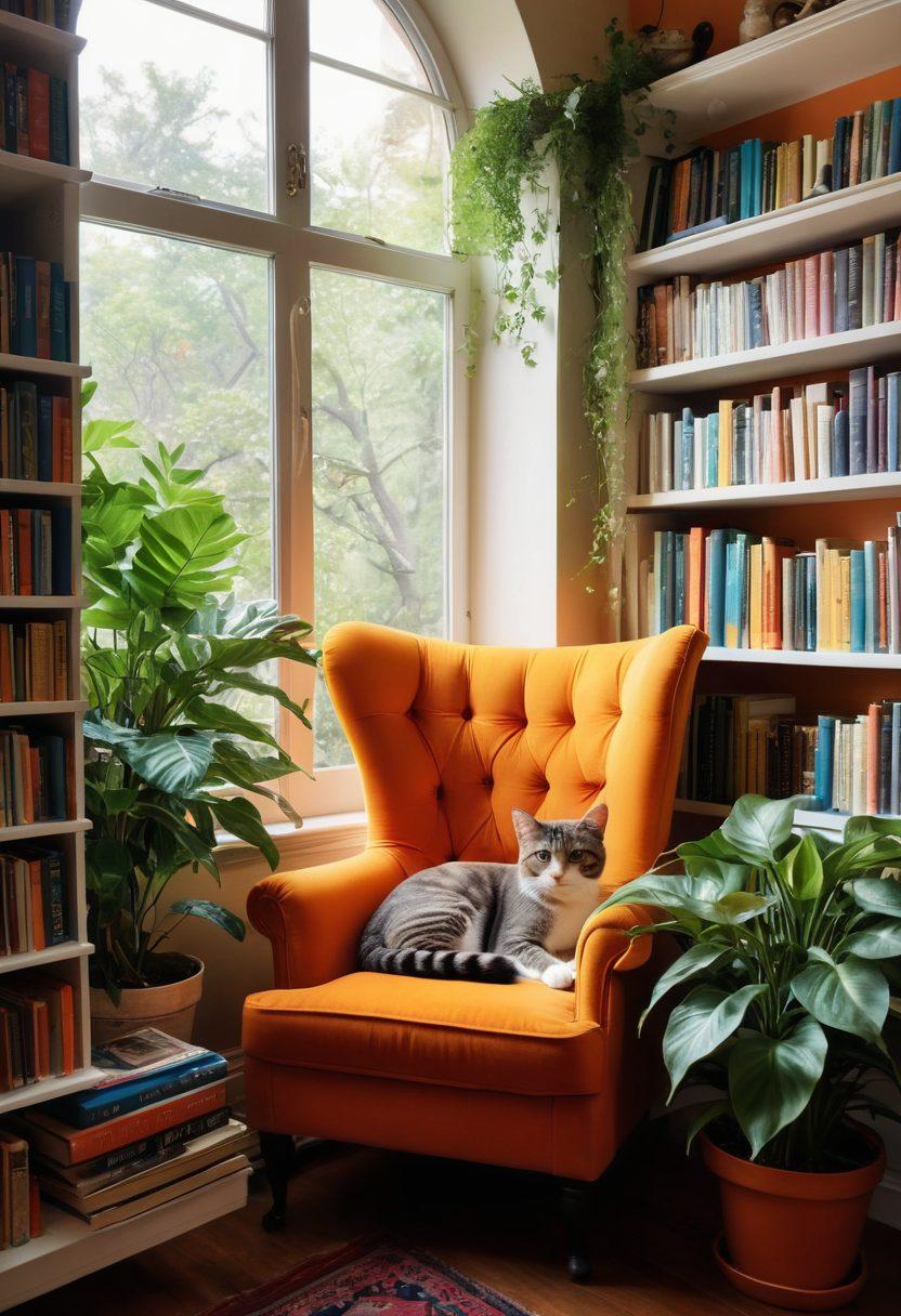 A cozy reading nook with an oversized armchair surrounded by towering bookshelves filled with colorful novels. A whimsical cat curled up on a stack of books, bathed in warm sunlight filtering through a window adorned with leafy plants. Open books scattered around, with a steaming cup of tea on a side table, inviting you to dive into literary adventures. The atmosphere is serene and inviting, evoking a sense of curiosity and exploration. vibrant colors. super-realistic.