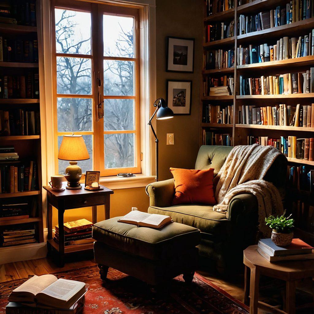 Create an inviting reading nook with an open book on a cozy armchair, surrounded by glowing warm light. Include a bookshelf filled with colorful book spines in the background and a steaming cup of tea on a side table. Add elements that signify reviews, such as sticky notes and a laptop with a blog site open. The atmosphere should evoke comfort and encouragement to explore literature. super-realistic. warm colors. soft lighting.