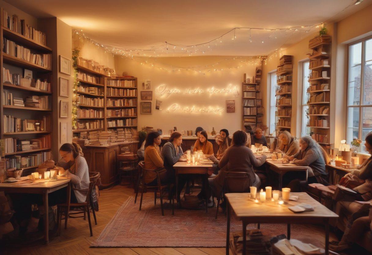 A cozy gathering of diverse book lovers in a warmly lit room, surrounded by shelves filled with various books. People of different ages and backgrounds discussing passionately over steaming cups of coffee and pastries, with open books on the table. Soft fairy lights creating a welcoming atmosphere. A large banner in the background that reads 'Join the Literary Circle'. super-realistic. warm colors. inviting ambiance.